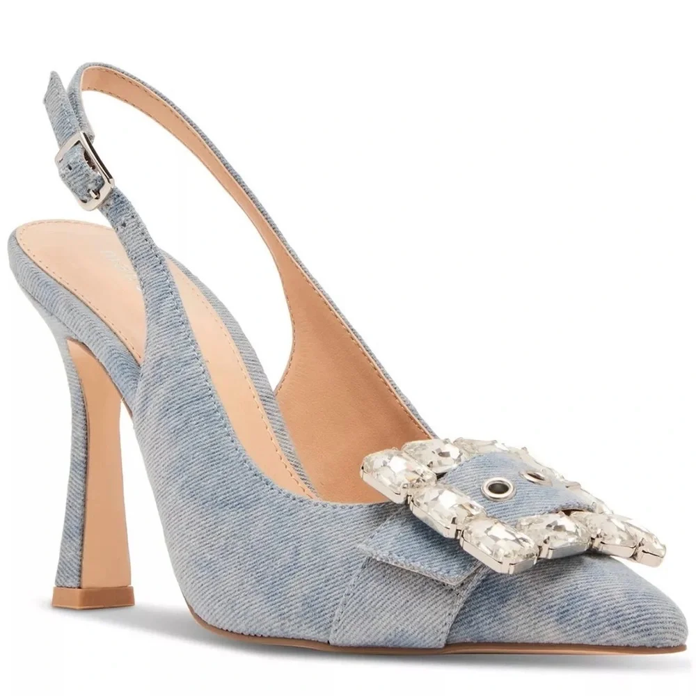 Madden Girl Chacha Rhinestones buckle denim heels pump Sz 8 - Picture 1 of 4